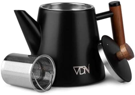 VDN Teekanne mit Siebeinsatz für 5-6 Tassen - Doppelwandig Edelstahl, 1L - Thermowarm bis zu 1h - Teebereiter für losen