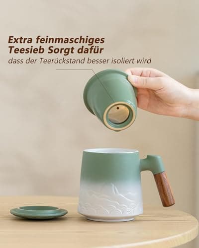 ZENS Teetasse mit Deckel und Teesieb für Tee Liebhaber bei\viewschiebung und Atemluft, 450ml, Große Holzgriff Matte Kera