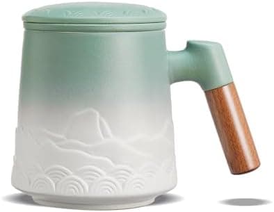 ZENS Teetasse mit Deckel und Teesieb für Tee Liebhaber bei\viewschiebung und Atemluft, 450ml, Große Holzgriff Matte Kera