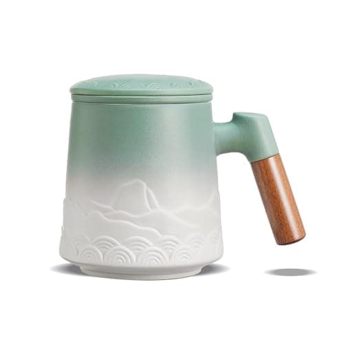 ZENS Teetasse mit Deckel und Teesieb für Tee Liebhaber bei\viewschiebung und Atemluft, 450ml, Große Holzgriff Matte Kera