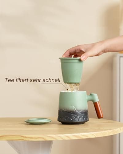 ZENS Teetasse mit Deckel und Teesieb für Tee Liebhaber bei\viewschiebung und Atemluft, 450ml, Große Holzgriff Matte Kera