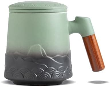 ZENS Teetasse mit Deckel und Teesieb für Tee Liebhaber bei\viewschiebung und Atemluft, 450ml, Große Holzgriff Matte Kera