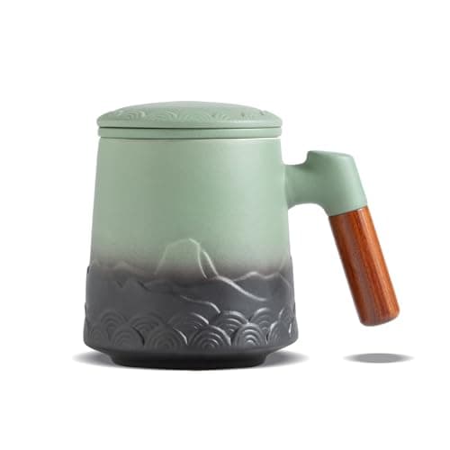 ZENS Teetasse mit Deckel und Teesieb für Tee Liebhaber bei\viewschiebung und Atemluft, 450ml, Große Holzgriff Matte Kera