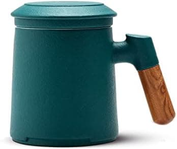 ZENS Teetasse mit Deckel und Sieb Geschenke für Teeliebhaber Matte Keramik 360 ml Holzgriff