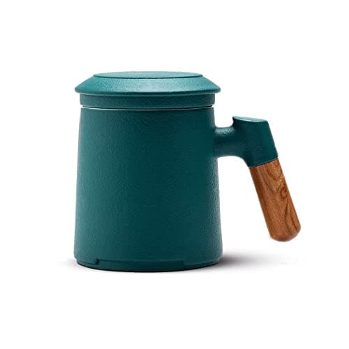 ZENS Teetasse mit Deckel und Sieb Geschenke für Teeliebhaber Matte Keramik 360 ml Holzgriff