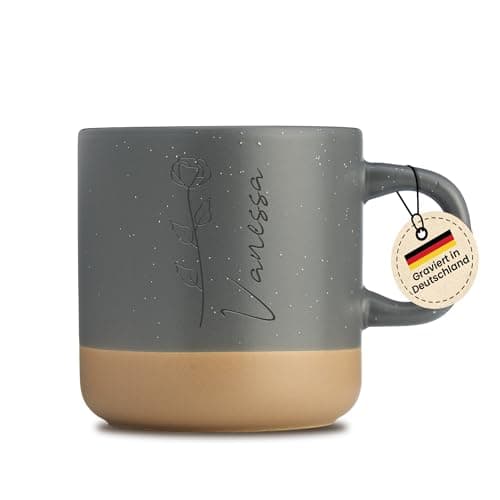 Gravur Tasse mit Namen - Personalisiert - Geschenk für Freundin  
Gravur Tasse mit Namen - Spülmaschinenfest - Blumenmot
