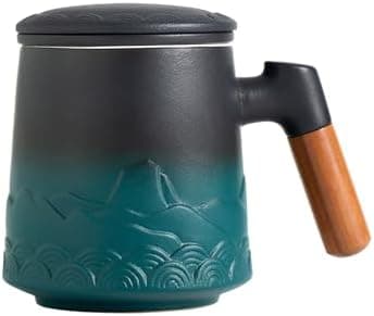 ZENS Teetasse mit Deckel und Teesieb für Tee Liebhaber bei\viewschiebung und Atemluft, 450ml, Große Holzgriff Matte Kera