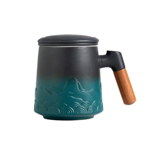ZENS Teetasse mit Deckel und Teesieb für Tee Liebhaber bei\viewschiebung und Atemluft, 450ml, Große Holzgriff Matte Kera