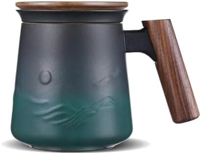 ZENS Teetasse mit Deckel und Teesieb für Tee Liebhaber bei\viewschiebung und Atemluft, 450ml, Große Holzgriff Matte Kera