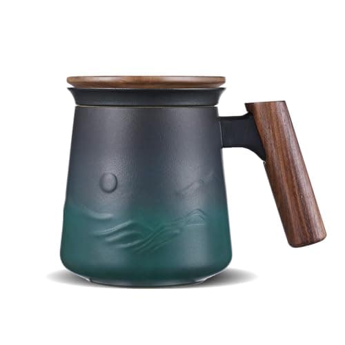 ZENS Teetasse mit Deckel und Teesieb für Tee Liebhaber bei\viewschiebung und Atemluft, 450ml, Große Holzgriff Matte Kera