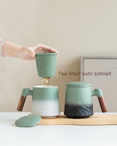 ZENS Teetasse mit Deckel und Teesieb für Tee Liebhaber bei\viewschiebung und Atemluft, 450ml, Große Holzgriff Matte Kera