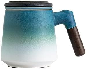 ZENS Teetasse mit Deckel und Teesieb für Tee Liebhaber bei\viewschiebung und Atemluft, 450ml, Große Holzgriff Matte Kera