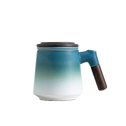 ZENS Teetasse mit Deckel und Teesieb für Tee Liebhaber bei\viewschiebung und Atemluft, 450ml, Große Holzgriff Matte Kera
