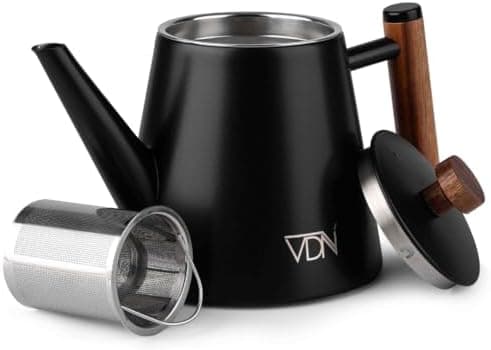 VDN Teekanne mit Siebeinsatz für 5-6 Tassen - Doppelwandig Edelstahl, 1L - Thermowarm bis zu 1h - Teebereiter für losen