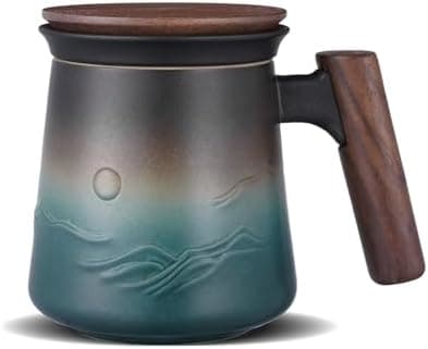 ZENS Teetasse mit Deckel und Teesieb für Tee Liebhaber bei\viewschiebung und Atemluft, 450ml, Große Holzgriff Matte Kera