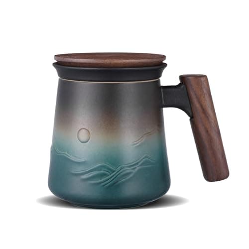 ZENS Teetasse mit Deckel und Teesieb für Tee Liebhaber bei\viewschiebung und Atemluft, 450ml, Große Holzgriff Matte Kera