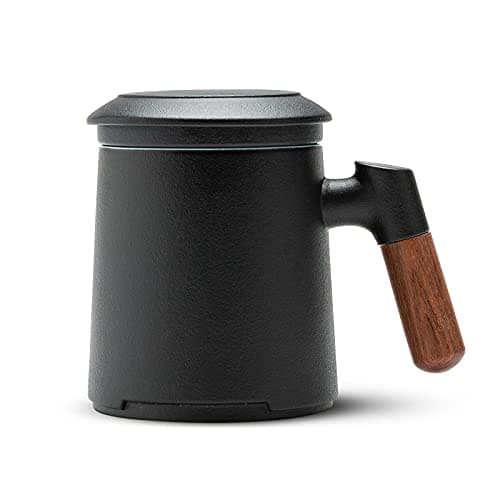 ZENS Teetasse mit Deckel und Sieb Geschenke für Teeliebhaber Matte Keramik 360 ml Holzgriff