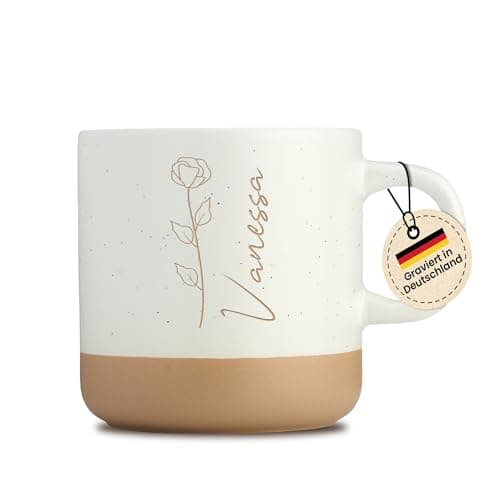 Gravur Tasse mit Namen - Personalisiert - Geschenk für Freundin  
Gravur Tasse mit Namen - Spülmaschinenfest - Blumenmot