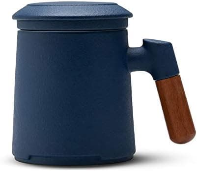 ZENS Teetasse mit Deckel und Sieb Geschenke für Teeliebhaber Matte Keramik 360 ml Holzgriff