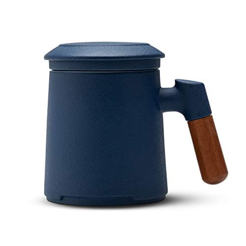 ZENS Teetasse mit Deckel und Sieb Geschenke für Teeliebhaber Matte Keramik 360 ml Holzgriff