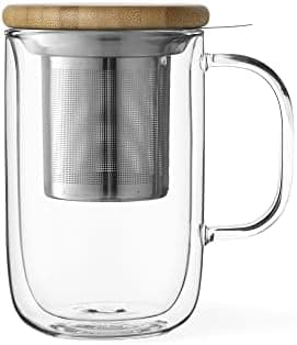 Viva Scandinavia Teetasse Glas Doppelwandig für Thermoglas und Tee-Verfeinerung, mit Edelstahl-Sieb und Bambus-Holz-Deck