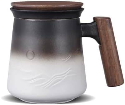 ZENS Teetasse mit Deckel und Teesieb für Tee Liebhaber bei\viewschiebung und Atemluft, 450ml, Große Holzgriff Matte Kera