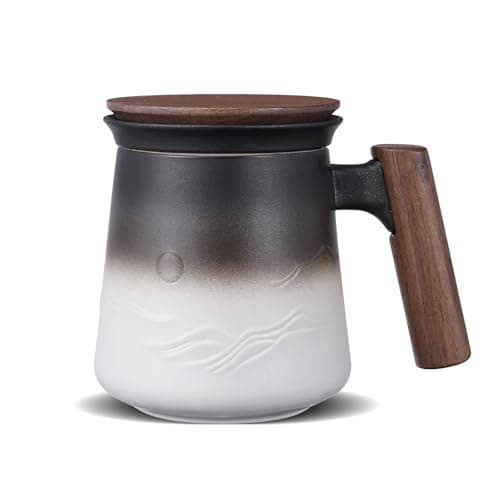 ZENS Teetasse mit Deckel und Teesieb für Tee Liebhaber bei\viewschiebung und Atemluft, 450ml, Große Holzgriff Matte Kera