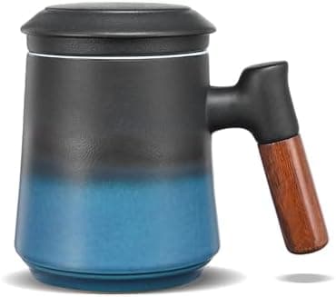ZENS Teetasse mit Deckel und Teesieb für Tee Liebhaber bei\viewschiebung und Atemluft, 450ml, Große Holzgriff Matte Kera