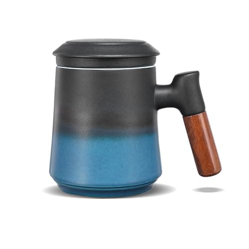 ZENS Teetasse mit Deckel und Teesieb für Tee Liebhaber bei\viewschiebung und Atemluft, 450ml, Große Holzgriff Matte Kera