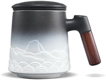 ZENS Teetasse mit Deckel und Teesieb für Tee Liebhaber bei\viewschiebung und Atemluft, 450ml, Große Holzgriff Matte Kera