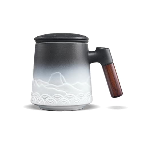 ZENS Teetasse mit Deckel und Teesieb für Tee Liebhaber bei\viewschiebung und Atemluft, 450ml, Große Holzgriff Matte Kera