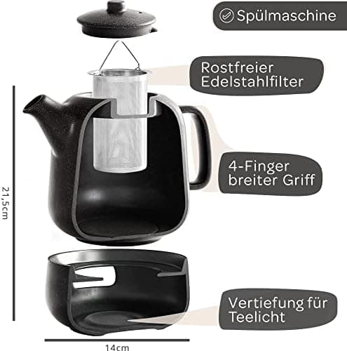 STEINZEIT Design Teekanne Schwarz 1,3L Edelstahl Siebkeramik Glasur