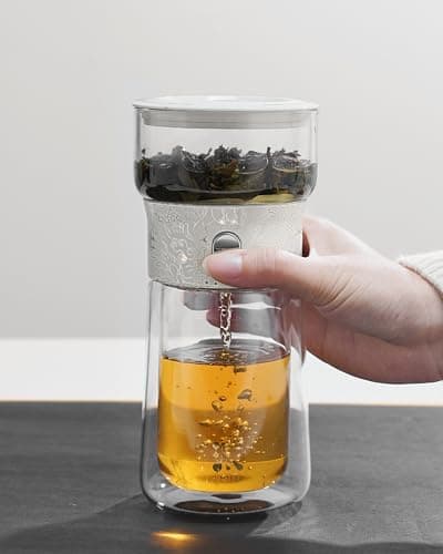 ZENS Modern Teekanne Glas mit Sieb für Teeliebhaber in Portable Tea Maker mit Isolierbecher