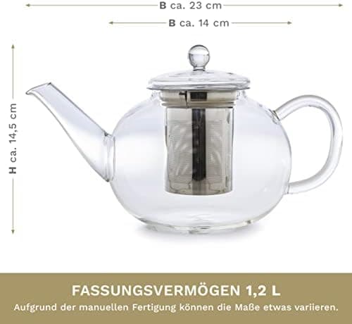 Creano Glas Teekanne 1,2l + Edelstahl Stövchen, ideal für Teezubereitung mit Losen Blüten