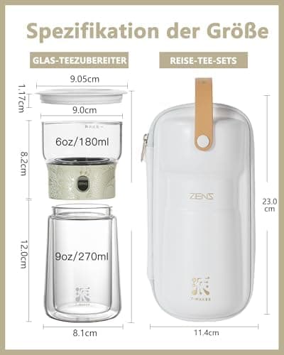 ZENS Modern Teekanne Glas mit Sieb für Teeliebhaber in Portable Tea Maker mit Isolierbecher