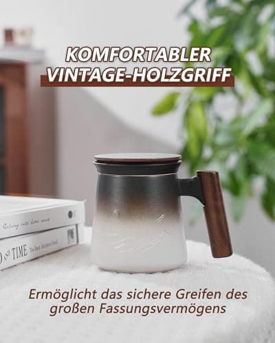 ZENS Teetasse mit Deckel und Teesieb für Tee Liebhaber bei\viewschiebung und Atemluft, 450ml, Große Holzgriff Matte Kera