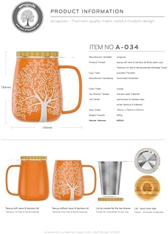Amapodo XXL Teetasse - Plastikfreie 600ml Porzellantasse mit Deckel und Sieb - Weiß - Perfekt für Tee-Liebhaber - Großes