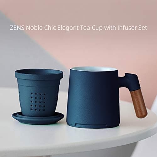ZENS Teetasse mit Deckel und Sieb Geschenke für Teeliebhaber Matte Keramik 360 ml Holzgriff