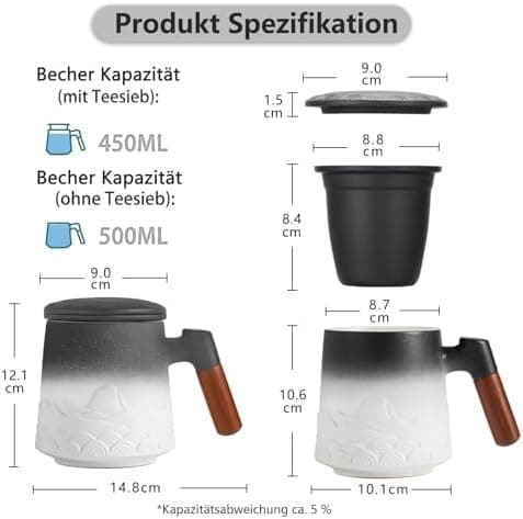 ZENS Teetasse mit Deckel und Teesieb für Tee Liebhaber bei\viewschiebung und Atemluft, 450ml, Große Holzgriff Matte Kera