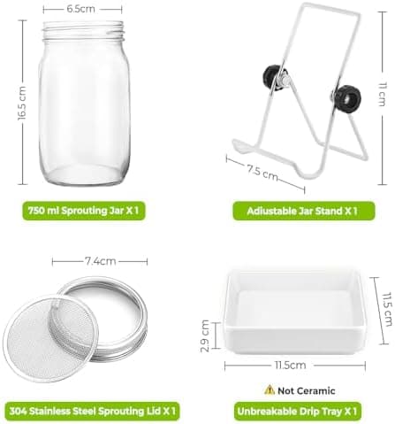 Ecooe Sprossen Keimglas 1er Set Schwarz Wasserspeicherung und Filtrierung für Sprossenkeimung Edelstahl 304 Filtergitter