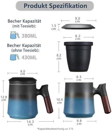ZENS Teetasse mit Deckel und Teesieb für Tee Liebhaber bei\viewschiebung und Atemluft, 450ml, Große Holzgriff Matte Kera