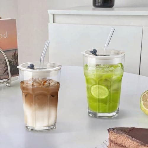 Ecooe 2 Stück Glasbecher mit Deckel und Strohhalm für Matcha Latte und Cocktails 380ml Wasserdichte Kaffeegläser