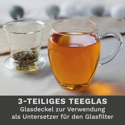 Creano Teeglas All-In-One, große Teetasse mit Sieb und Deckel aus Glas für Tee liebende Frauen und Männer bei jeder Gele