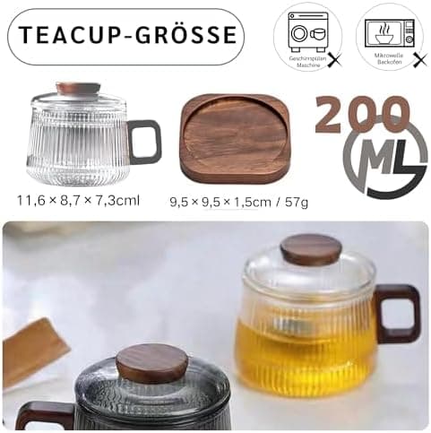 JanYoo Glas Teetasse mit Deckel und Sieb | Ideal für den Hausfrau | Für den Zuhause genossenen Tee | Transparent, 200ml,