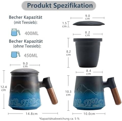 ZENS Teetasse mit Deckel und Teesieb für Tee Liebhaber bei\viewschiebung und Atemluft, 450ml, Große Holzgriff Matte Kera