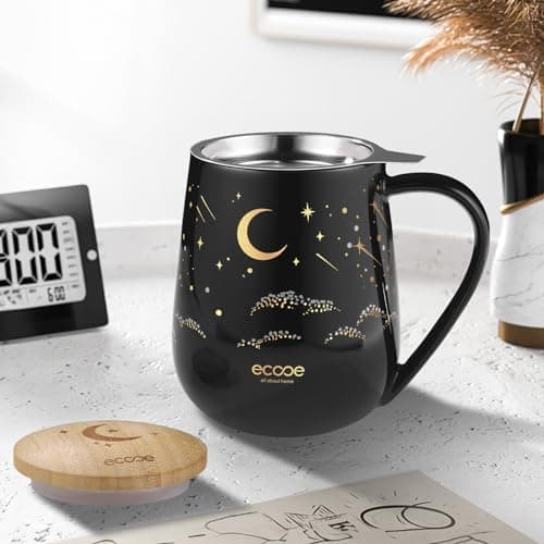 Ecoe Teetasse mit Deckel und Sieb - 600 ml Keramik Teetasse mit Edelstahl Sieb und Deckel, Schwarz Keramik Teebecher Set