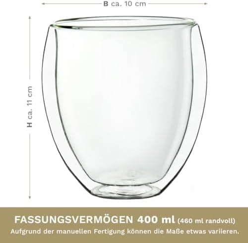 Creano Doppelwandiges Thermoglas für Männer und Frauen | Extra Großes Hitzebeständiges Kaffeeglas/Teeglas | 400ml inkl.