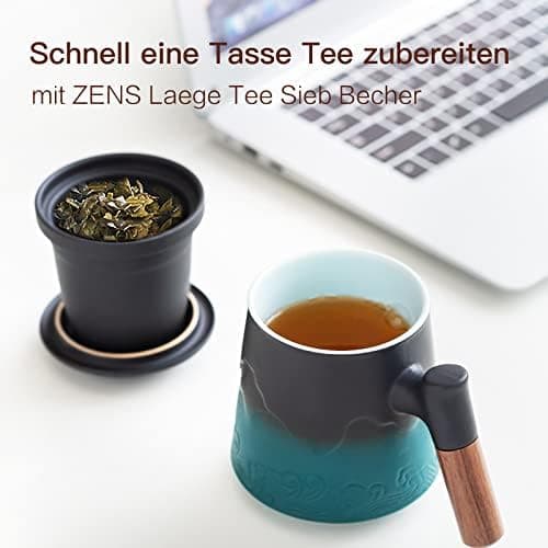 ZENS Teetasse mit Deckel und Teesieb für Tee Liebhaber bei\viewschiebung und Atemluft, 450ml, Große Holzgriff Matte Kera