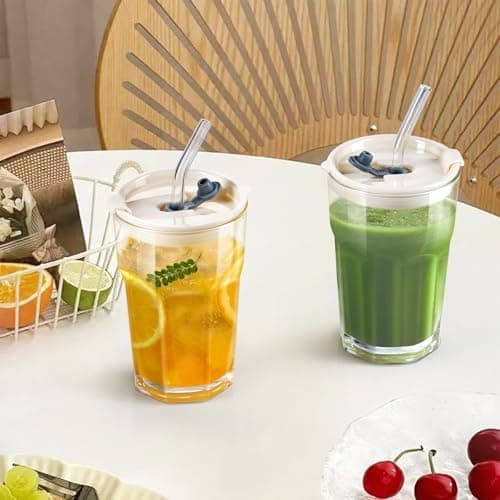 Ecooe 2 Stück Glasbecher mit Deckel und Strohhalm für Matcha Latte und Cocktails 380ml Wasserdichte Kaffeegläser