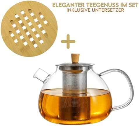 Teekanne aus Borosilikatglas mit Edelstahl-Sieb für Dobin - 1,5 Liter - Tropffrei, Hitzebeständig, Spülmaschinenfest